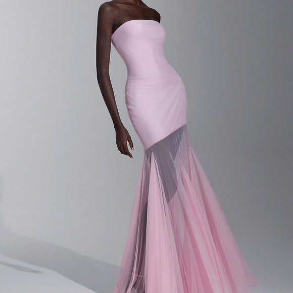 Pink Party Women's Elegant Bodycon Strapless maxi Mesh hem Dress - Picture 1 of 7